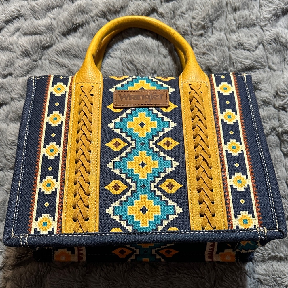 Wrangler Navy Tote with Yellow & Turquoise Geometric Embroidery